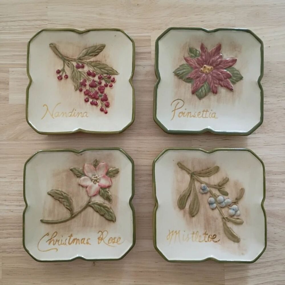 Set of 4 MWW Market Holiday Botanical Embossed Winter Flowers 4.5" Mini Plates
